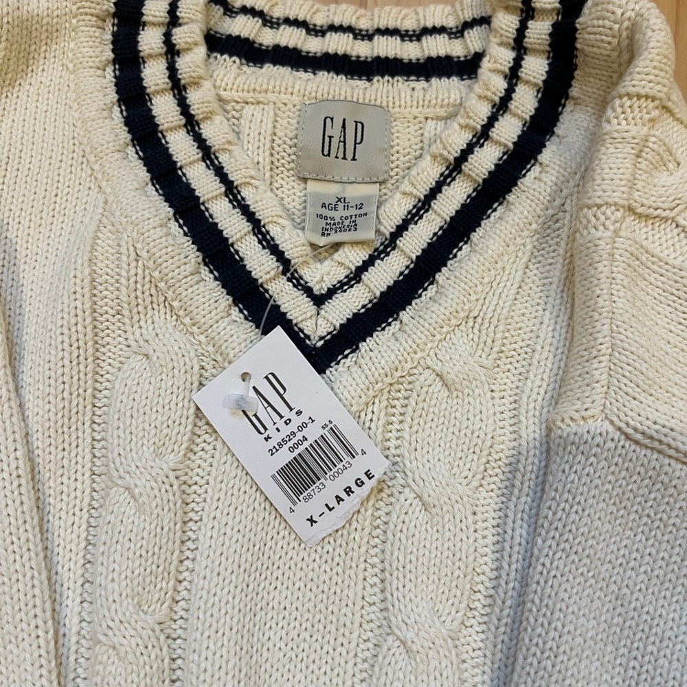 GAP Ivory Cable Knit Sweater with Navy Stripes